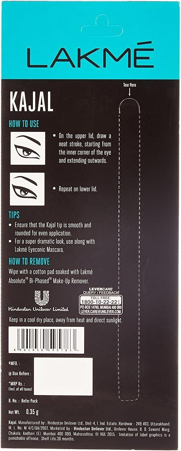 LAKME Eyeconic Kajal 0.35g / Deep Black / Upto 24Hrs  Free Shipping